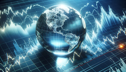 An illustration of a crystal Earth globe on a stock market graph, representing the global economy concept. 