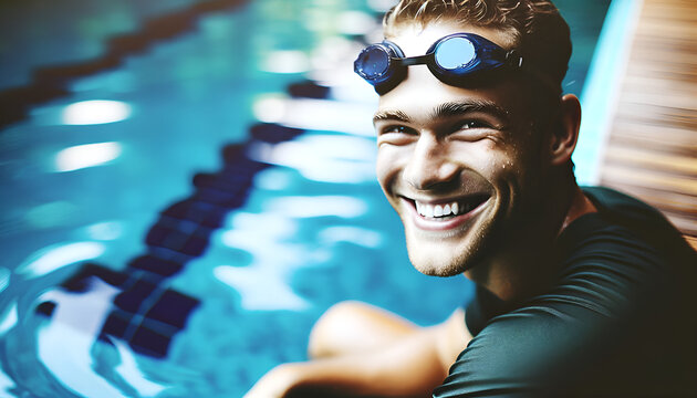  A smiling swimmer in goggles, leaning on the poolside. The image captures the joy and satisfaction of a swimmer after a refreshing swim.