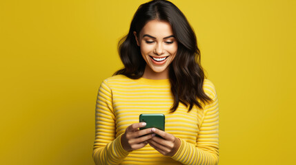 Fototapeta premium Young woman smiling and holding her smartphone on a colored background