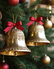A christmas bells with red ribbon on christmas tree