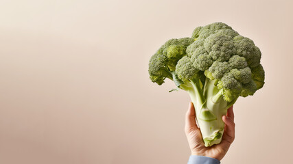Hand holding broccoli vegetable isolated on pastel background