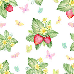 butterfly, strawberry, leaves are a seamless pattern painted in watercolor.