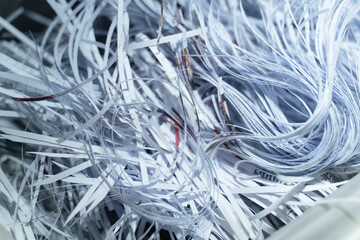 Close Up of Shredded Paper from a paper shredder. Paper Trimmings Waste. Cut Paper strips.