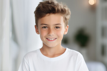 Fototapeta premium Handsome caucasian smiling child wearing white t-shirt outdoors. Mock up template for design print