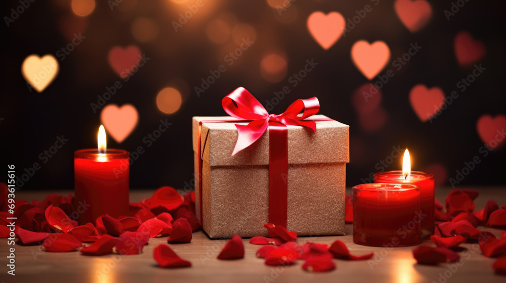 Sticker beautifully wrapped gift box with a ribbon, surrounded by red roses, rose petals,creating a romantic