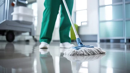 Foto op Canvas Lower body of a person in green scrubs and white shoes mopping a shiny hospital floor © MP Studio
