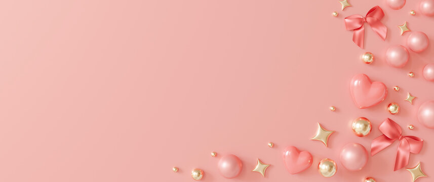 Elegant panoramic banner with pink and golden pearls, shiny stars scattered around a silky ribbons and hearts, ideal for Valentine's Day themes. Woman's, Mother's Day background. Copy space. 3D render