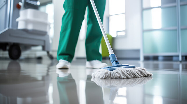 Lower body of a person in green scrubs and white shoes mopping a shiny hospital floor