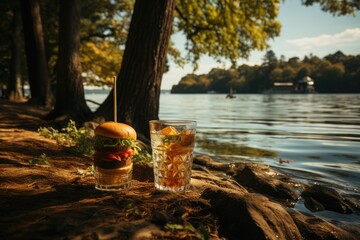 A pineapple hamburger in a serene lake coffee with trees by the water., generative IA