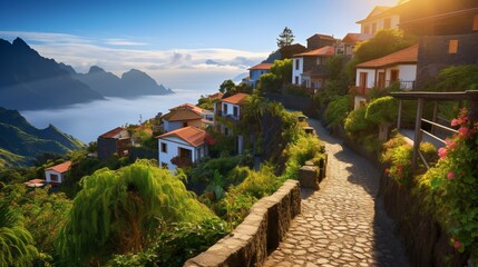 A hidden mountain village nestled among the peaks of Madeira Island, with traditional houses, terraced gardens, and panoramic views, offering a glimpse 