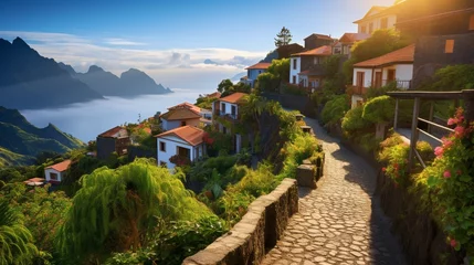 Fototapeten A hidden mountain village nestled among the peaks of Madeira Island, with traditional houses, terraced gardens, and panoramic views, offering a glimpse  © Image Studio