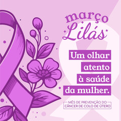 Banner in portuguese for composition Lilac March prevention brazil - Campanha Março Lilás Marco Lilas Cancer útero
