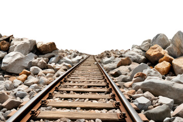 Railroad track surrounded stones isolated on transparent background, png file