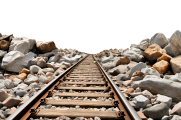 Railroad track surrounded stones isolated on transparent background, png file