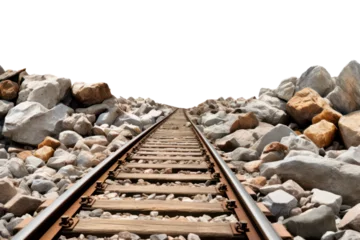 Zelfklevend Fotobehang Railroad track surrounded stones isolated on transparent background, png file © Olha Vietrova