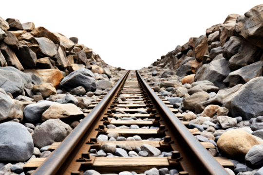 Railroad track surrounded stones isolated on transparent background. 