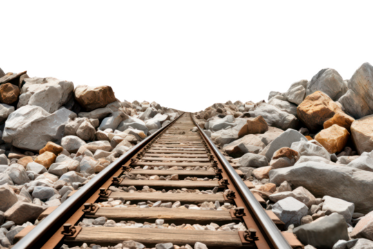 Railroad track surrounded stones isolated on transparent background, png file