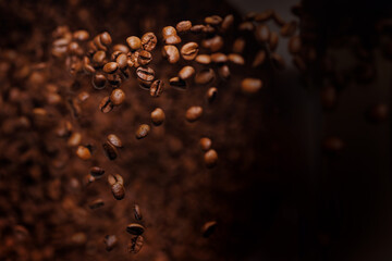 Fresh brown roasted coffee beans move on professional roaster machines, dark background