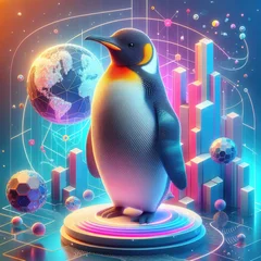 Gordijnen 3D render of a penguin with colourful background. Ai Generated. © Sakirul