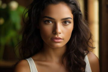 Fototapeta premium Close-up portrait of a pretty Spanish brunette with long hair.