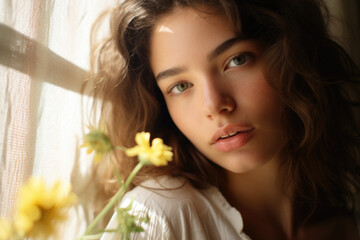 Close-up portrait of a pretty brown girl with wavy hair with yellow flowers on a sunny day.