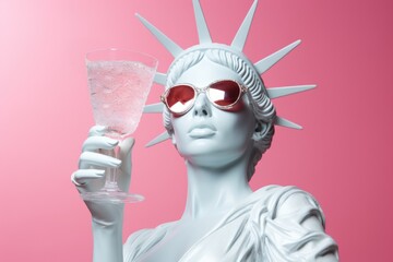 White sculpture of statue of liberty wearing sunglasses with champagne glass in hand on pink background.