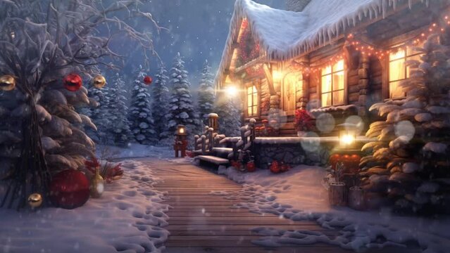 christmas decoration in the village in the snow with cartoon style. seamless looping time-lapse virtual video animation background.