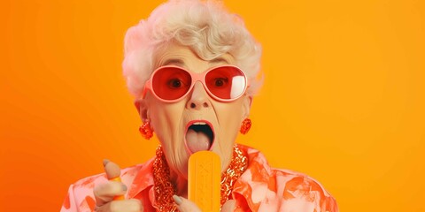 Ralistic miling grandma kissing a wooden spatula in front of an orange studio background. Fancy 80s style, neon color clothes, professional advert photo