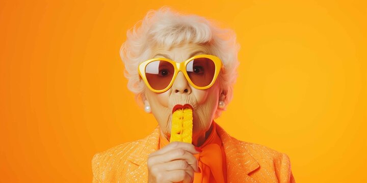 Naklejki Ralistic miling grandma kissing a wooden spatula in front of an orange studio background. Fancy 80s style, neon color clothes, professional advert photo