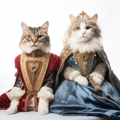 two cats on a white background sitting in a royal robe