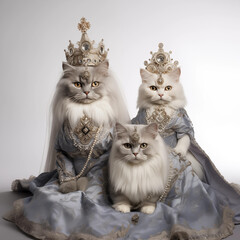three cats on a white background sitting in a royal robe