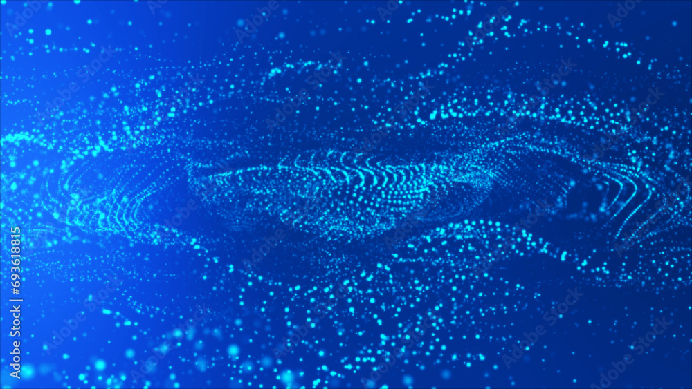 Poster flowing light blue dots and particles on deep blue background. abstract digital particle on light ab