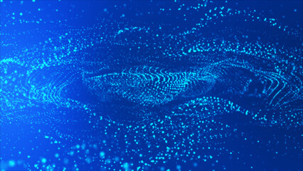 Flowing light blue dots and particles on deep blue background. Abstract digital particle on light abstract background, animation cyber or technology background. 3d abstract animation