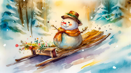 Sledding cute cartoon snowman 