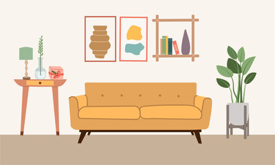 Living room interior design . Comfortable sofa, furniture ,decorative elements and house plants. Vector flat illustration modern style colorful for different design uses, books, flayers and banner .