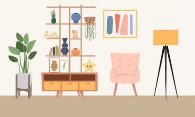 Living room interior design . Comfortable sofa, furniture ,decorative elements and house plants. Vector flat illustration modern style colorful for different design uses, books, flayers and banner .