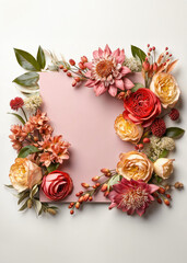 Beautiful frame from assorted flowers and blank greeting card on pastel background. Floral composition for Valentine's day, Women's day, Wedding, Birthday or Mother's day.