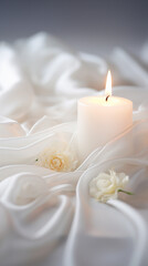 a white candle is shown on piece of white linen