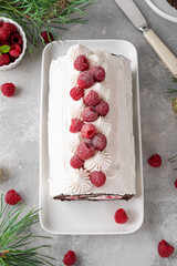 Chocolate christmas roll cake with cream and fresh raspberries on a white plate on a gray...