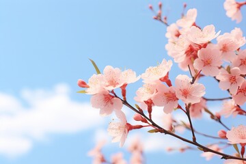 Peach tree flowers against blue sky