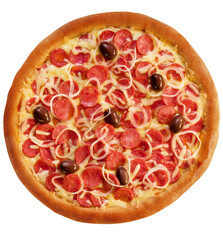 pizza de calabresa com queijo e cebola vista de cima isolado em fundo transparente