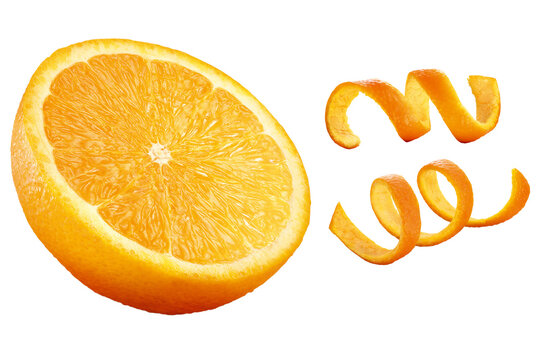 laranja cortada e raspas de casca de laranja isolado em fundo transparente