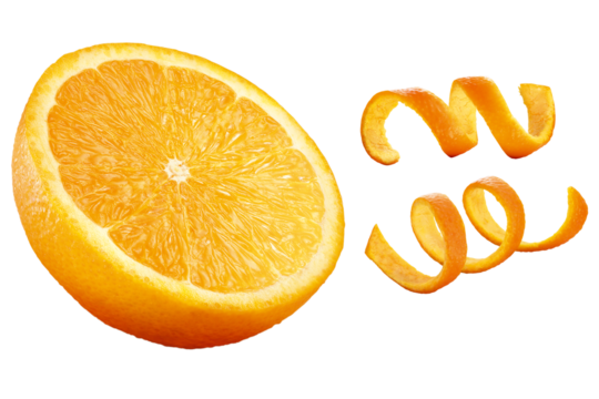 laranja cortada e raspas de casca de laranja isolado em fundo transparente