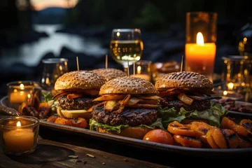 Foto op Canvas A buffalo meat burger in a summer barbecue on the edge of a lake., generative IA © Gabriel