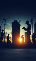Fototapeta na wymiar Silhouette of engineers and architects working on construction site at sunset