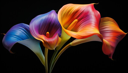 A rainbow forms the petals of a Calla lily its vibrant colors swirling and morphing in the sky