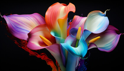 Obraz na płótnie Canvas A rainbow forms the petals of a Calla lily its vibrant colors swirling and morphing in the sky