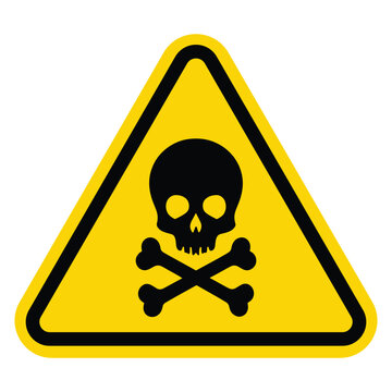 Yellow triangular Danger poison sign with skull and cross bones crossbones mark. Toxic, electricity or chemical Warning icon. Triangle symbol of death. Caution. Hazard. Vector design illustration.