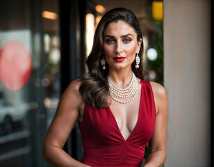Fototapeta premium photo of beautiful indian woman with red sleeveless suit and pearl necklace standing at the pavement city, generative AI
