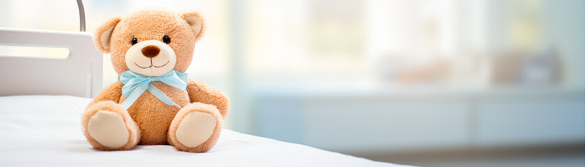 Cute teddybear toy on patient bed at hospital. Health center or hospital room for young patient. Healthcare and childhood concept